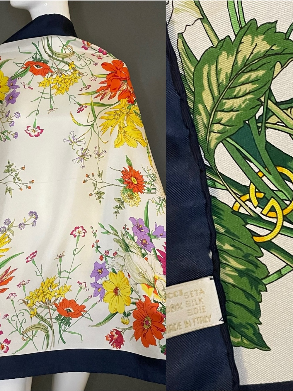 Gorg Gucci Floral Print Silk Scarf 34 In Sq Excellent Condition